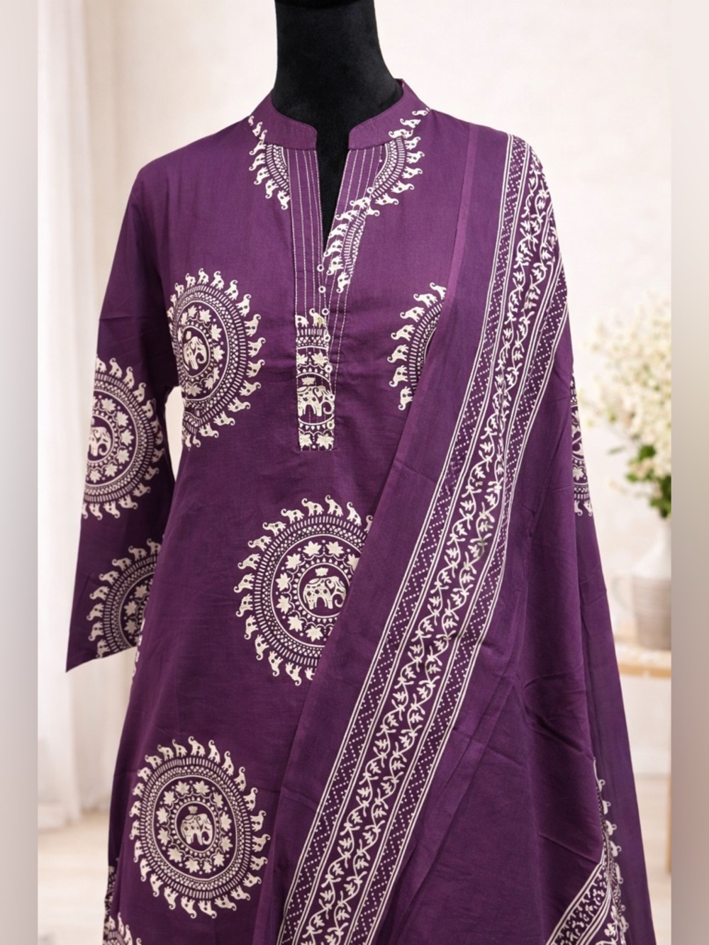 Purple Ethnic Block Print Kurta Set with Ivory Motifs